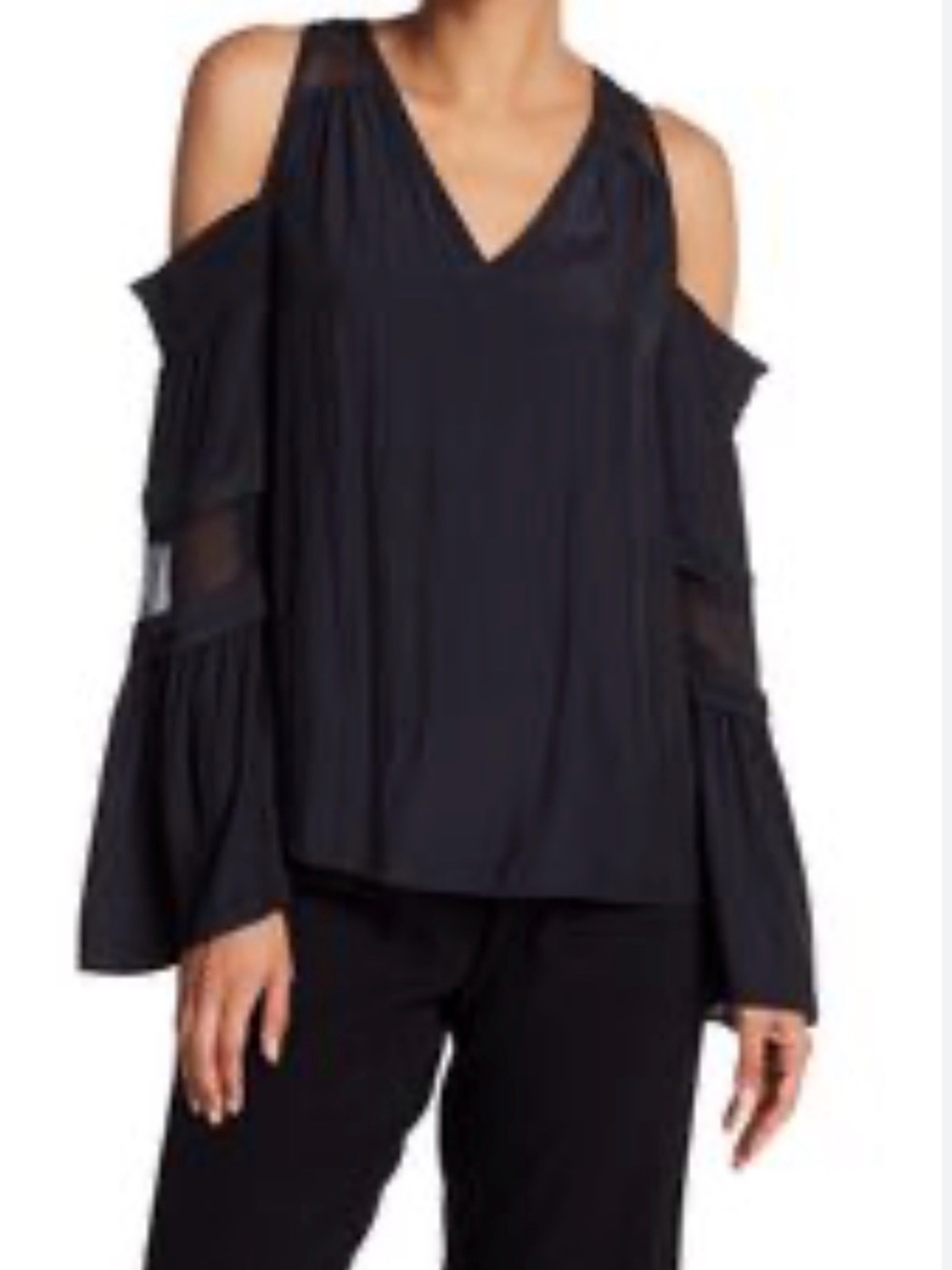 RAMY Brook Black Cold-Shoulder V-Neck Women's Top